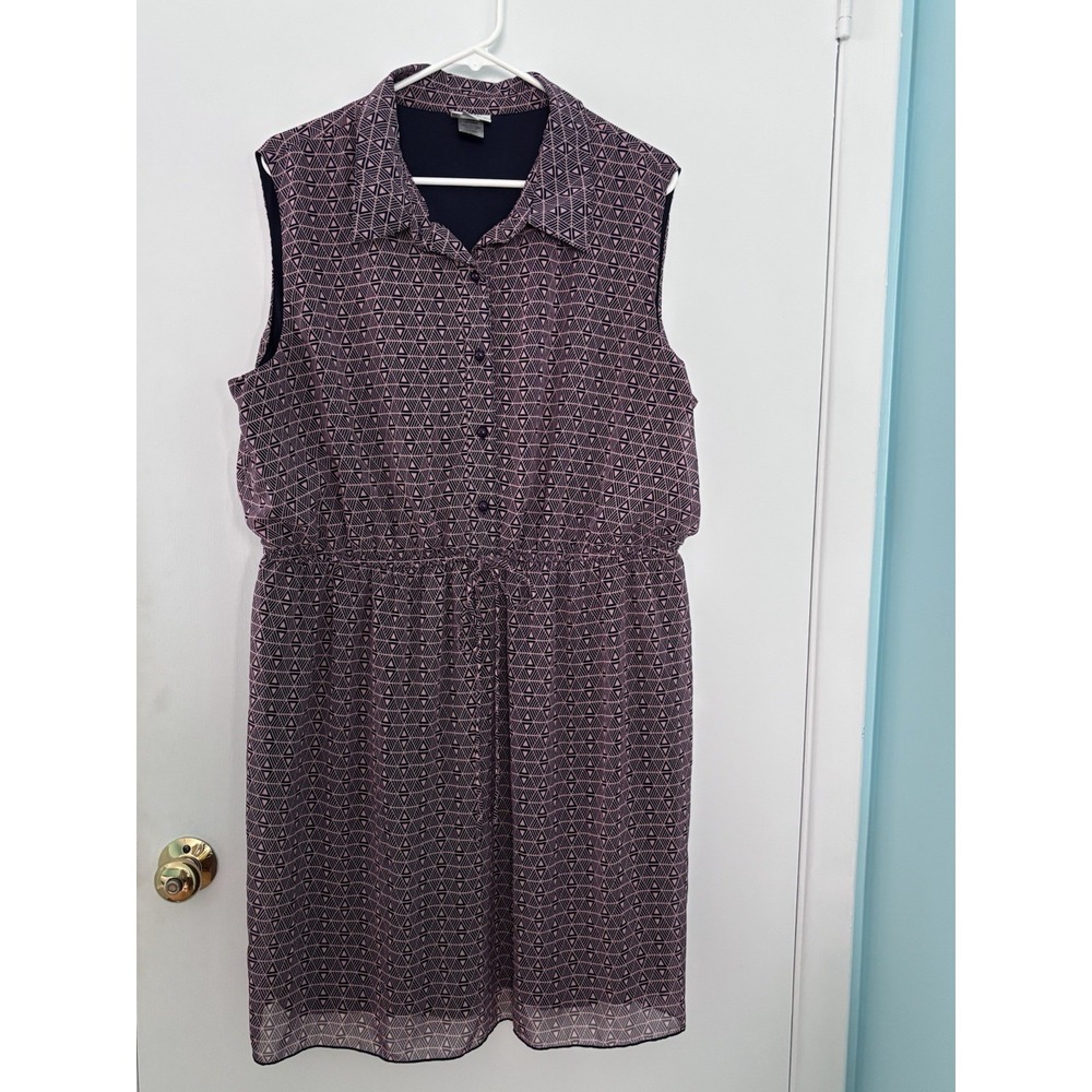 Sweet Storm Navy Blue Pink Geometric Chiffon A-Line Dress 20W Lined Button
